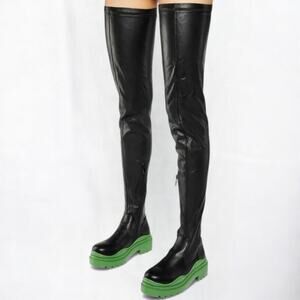 Azalea Wang Naomi Thigh High Stretch Platform Boots Black/Green Sz 6